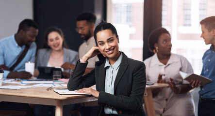 Businesswoman, portrait or report in meeting for teamwork, partnership or collaboration in office. Planning, happy smile and confident female worker for feedback, paperwork and project in corporate