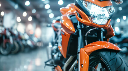 Fototapeta premium Modern, orange, polished motorcycle in showroom, close-up view of front, blurred background, motorcycle concept