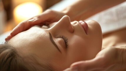 woman receiving a face massage session closeup in spa center with bokeh background