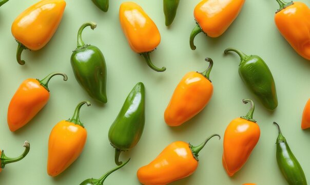 Top view of hot peppers scattered on a pastel green background