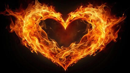 Heart of Flames Fiery Heart Shape Against Dark Background, Vibrant Burning Flames Symbolizing Passion and Love Concept