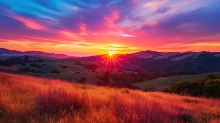 Obraz premium Illustration of a stunning panoramic view of the sunset over the hill. Ai generated image