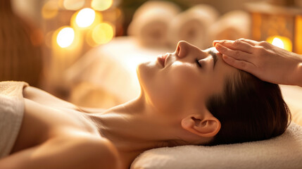 woman receiving a face massage session closeup in spa center with bokeh background