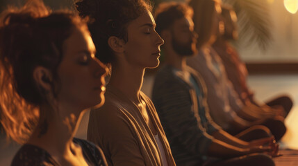 Naklejka premium Group serene yoga meditation class on nature in morning golden warm light