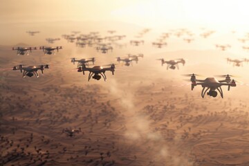Aerial view of multiple drones flying together in the sky