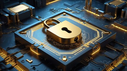 3D, Golden padlock symbolizes cybersecurity on a circuit board. Suitable for illustrating data protection, online security, encryption, and internet safety concepts. 8