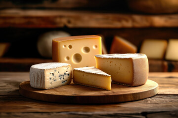 Cheese on display at a cheese shop. Selective focus.