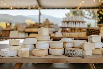 Fototapeta premium Various types of cheeses on wooden shelves.