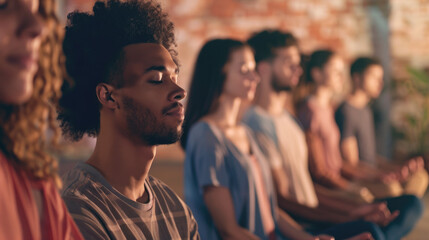 Obraz premium Group of people in meditation practicing mindfulness and relaxation class in studio in morning golden warm light
