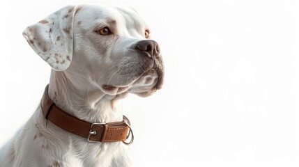 White dog with brown spots on its face and ears wearing a brown leather collar looking up on a white background