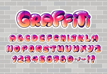 Graffiti Bubble Alphabet. Purple to orange gradient graffiti bubble font with uppercase letters, numbers and punctuation. Brick wall on the background. Perfect for street art, urban designs and logos. © Viktoria