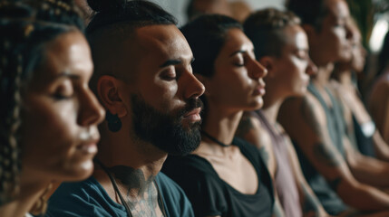 Fototapeta premium Group of people in meditation practicing mindfulness and relaxation class in studio in morning golden warm light