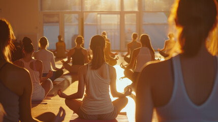 Group of woman practicing yoga meditation class in studio, view from behind in golden sunlight