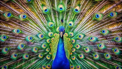 Fototapeta premium Peacock Feathers Display Closeup of a Vibrant Peacock Tail, Bird , Feathers , Peacock , Nature