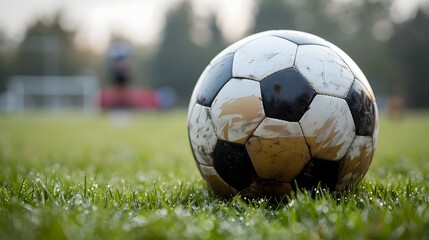 Fototapeta premium Closeup of Worn Soccer Ball on Community Sports Field