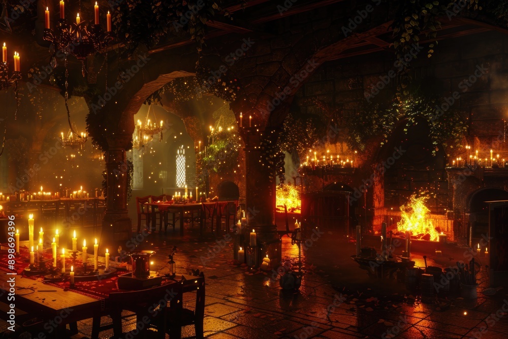 Poster a cozy dining room setting with many candles on the table