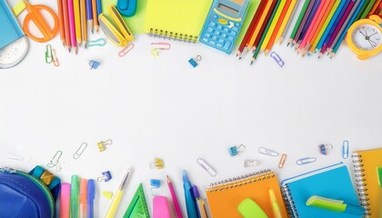 School supplies double side border banner. Top view on a white background with copy space. Back to school concept