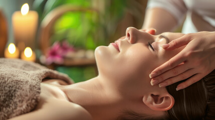 woman receiving a face massage Face massage session closeup in spa center with bokeh background