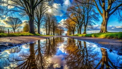Reflected Tranquility A Puddle's Perspective on a Tree-Lined Path, Nature, Reflection, Landscape, Tree