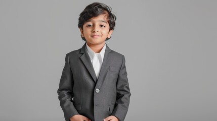 A cute Indian boy in a classic gray suit is standing with his hands in his pockets, looking dapper and confident.