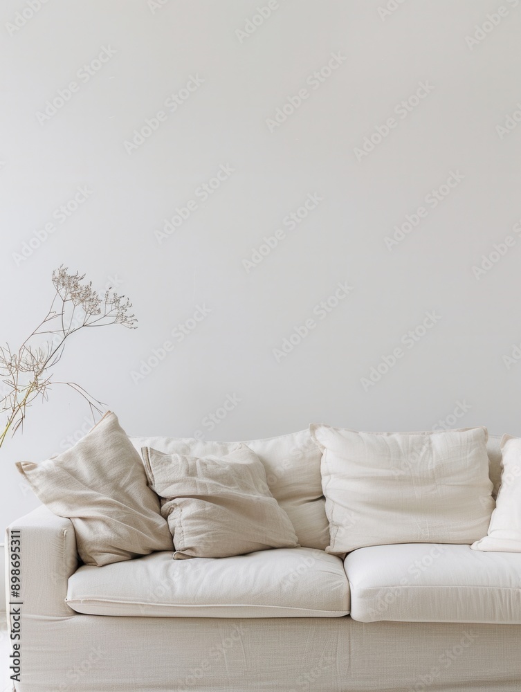 Aufkleber a white sofa with plush pillows sits in a minimalist living room, with dried flowers on the table in