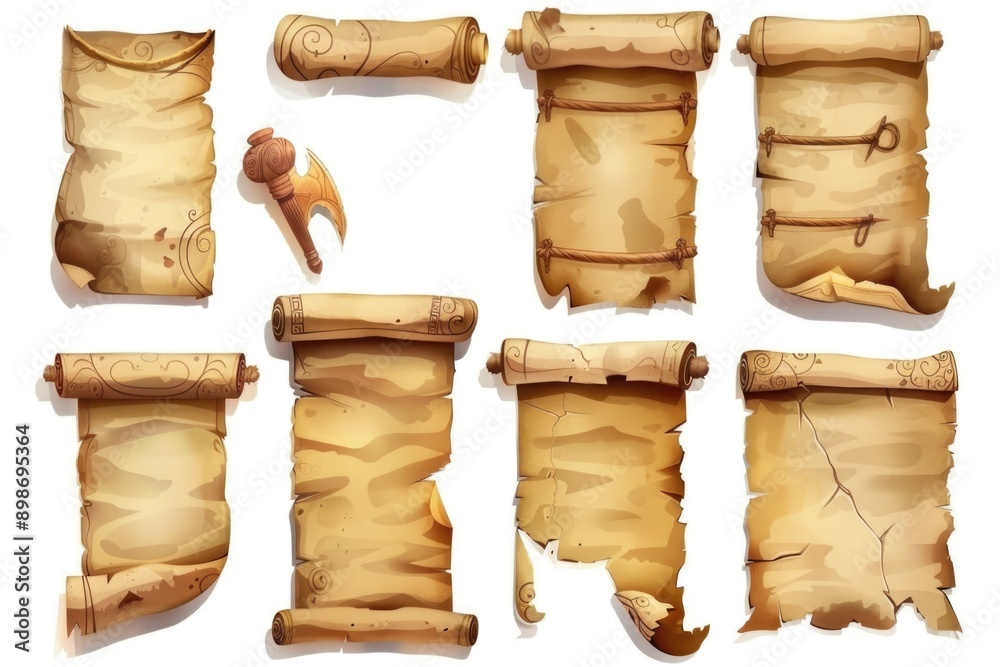 Poster A set of old paper scrolls lying on a surface with a hammer nearby, suitable for use in historical or vintage-themed designs