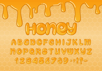 Cartoon Bubble Alphabet. Sweet honey plump font featuring uppercase letters, numbers and punctuation in yellow color. Golden symbols with glossy, dripping effect. Perfect for party invitations, logos.