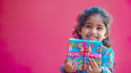 A delighted young girl in a colorful party dress is holding a beautifully wrapped gift with a big smile.