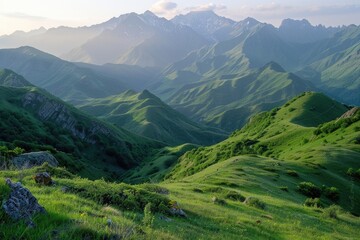 Fototapeta premium A scenic view of a mountain range with green hills in the distance, perfect for landscapes and outdoor scenes