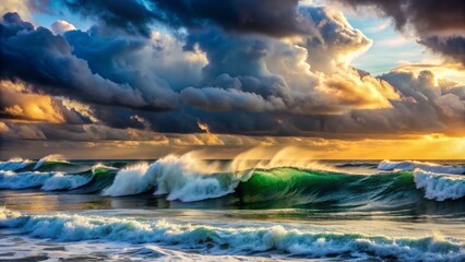 Fototapeta premium Stormy Seascape with Golden Clouds at Sunset, ocean, waves, clouds , sunset , nature