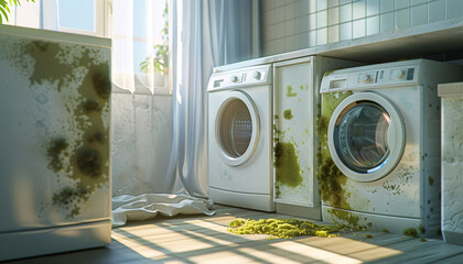 Mold Infestation: A once-pristine laundry room now stands derelict, ravaged by insidious mold, highlighting the devastating effects of water damage and neglect. 