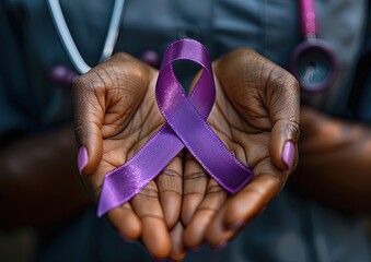 a doctor with a purple awareness in his hands. World cancer day concept