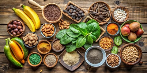 Superfoods Composition A Variety of Seeds, Fruits and Nuts in Bowls on a Wooden Background, Superfoods, Healthy Foods, Vegan Food, Nutrition