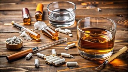 The Dark Side of Relaxation A Glass of Whiskey, Pills, and Syringes on a Wooden Table, addiction , alcoholism , drug abuse , substance abuse