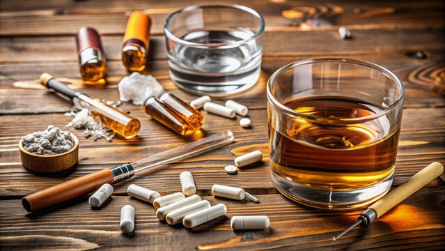 The Dark Side of Relaxation A Glass of Whiskey, Pills, and Syringes on a Wooden Table, addiction , alcoholism , drug abuse , substance abuse