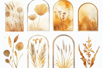 A collection of four beautiful watercolor paintings of different flowers, ideal for decoration and design projects