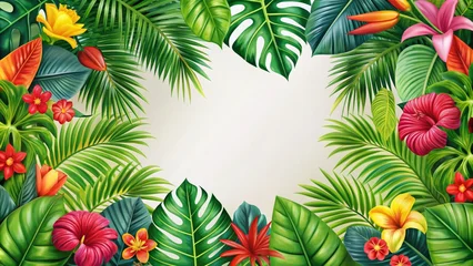 Fotobehang Tropical Floral Frame with Green Leaves, White Background, Illustration, Floral Design, Summer, Paradise, Nature © Working Moments