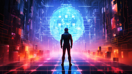 generated illustration back view of man standing in metaverse with illumination sphere