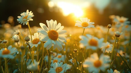 A real photographic ground shot landscape of grass and daisy, Super wide, Realistic, cinematic still, vintage color grading