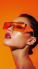 fashion photo of supermodel wearing futuristic sunglasses on a sleek orange colored background in the style of a fashion magazine cover
