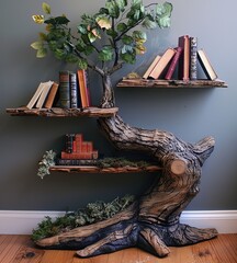 a tree like a shelf in the corner of a room, in the style of detailed naturalism, carved books, bibliopunk, land art.