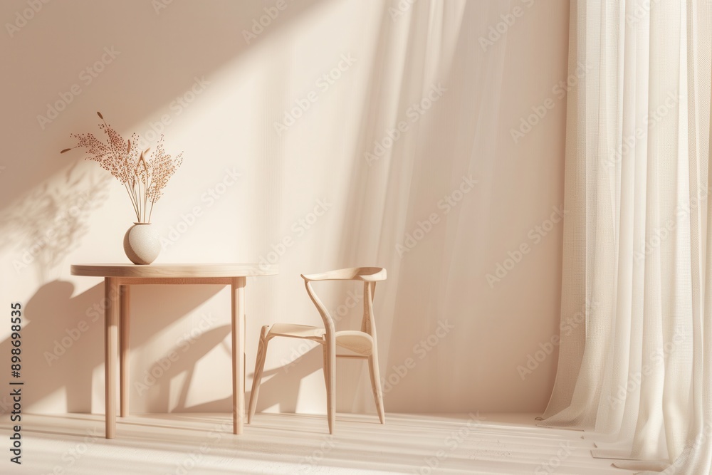 Aufkleber a wooden table and chair sit in a room with a large window. sunlight streams through the sheer curta