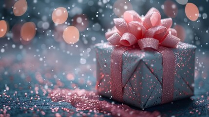Fototapeta premium Glittering pink-ribbon wrapped gift with festive background bokeh