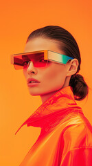 fashion photo of supermodel wearing futuristic sunglasses on a sleek orange colored background in the style of a fashion magazine cover
