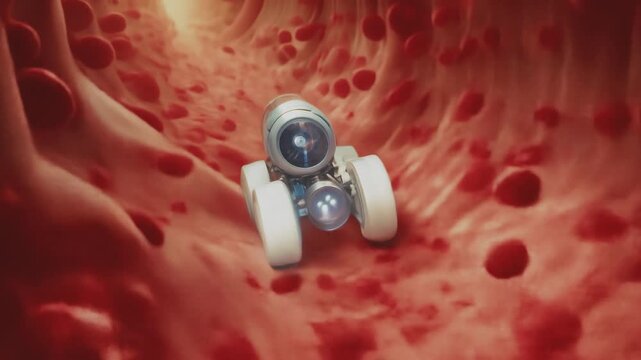 Futuristic nanobot travelling thorough human vein with red blood cells visible. 3D cinematic animation style. Nanotechnology, nanobots, future of medicine, surgery robot, microbot concept.