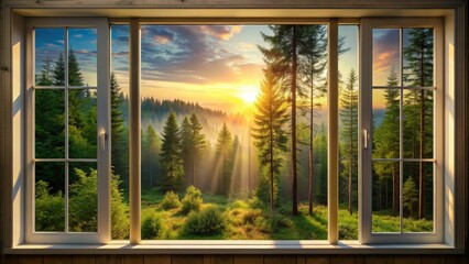 Fototapeta premium Window View of a Sunlit Forest, White Frame, Sunset, Misty Morning, Trees , nature , landscape