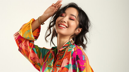 stylish asian woman with bright colored gbtl top shirt, lifting her hand, smiling, portrait, white background, dynamic angle