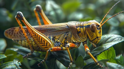 Macro photograph of an eastern lubber grasshopper standing on green leaves in summer