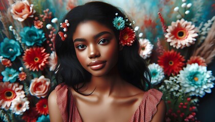 A beautiful 20-year-old African American woman. In the background is a garden with flowers that are dreamy blend of reds, turquoise, and peach, creating a serene atmosphere.