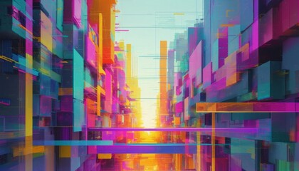 abstract shapes with central perspective, vibrant gradients and noise, contrasting sci-fi outlines, glitch effects, dynamic anime style with film grain and motion blur.